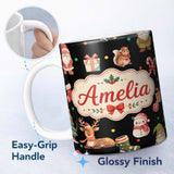 Personalized Custom Name Cute Christmas Gnome Reindeer Snowman Gift Black Background 11oz Ceramic Coffee Tea Mug White Large Handle