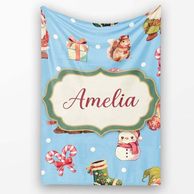 Cute Christmas Gnome Reindeer Snowman Gift Blue Background Seamless  Personalised Custom Name Super Soft Fleece Blanket Bed Sofa Throw