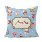 Custom Name Cute Gnome Reindeer Snowman Blue Background Seamless Square Filled Cushion Throw Pillow Sofa Bed Home Decor Zip Washable UK Made