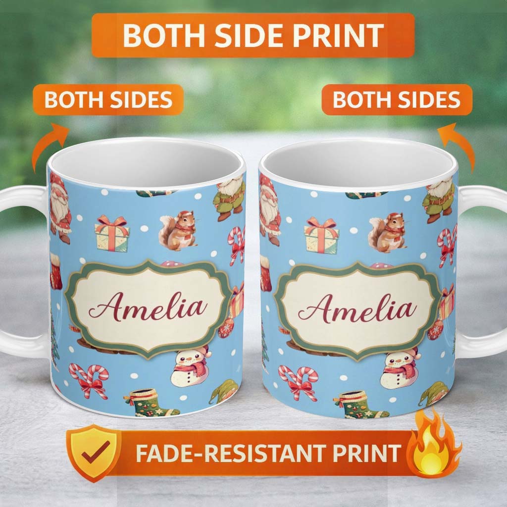 Personalized Custom Name Cute Christmas Gnome Reindeer Snowman Gift Blue Background Seamless 11oz Ceramic Coffee Tea Mug White Large Handle