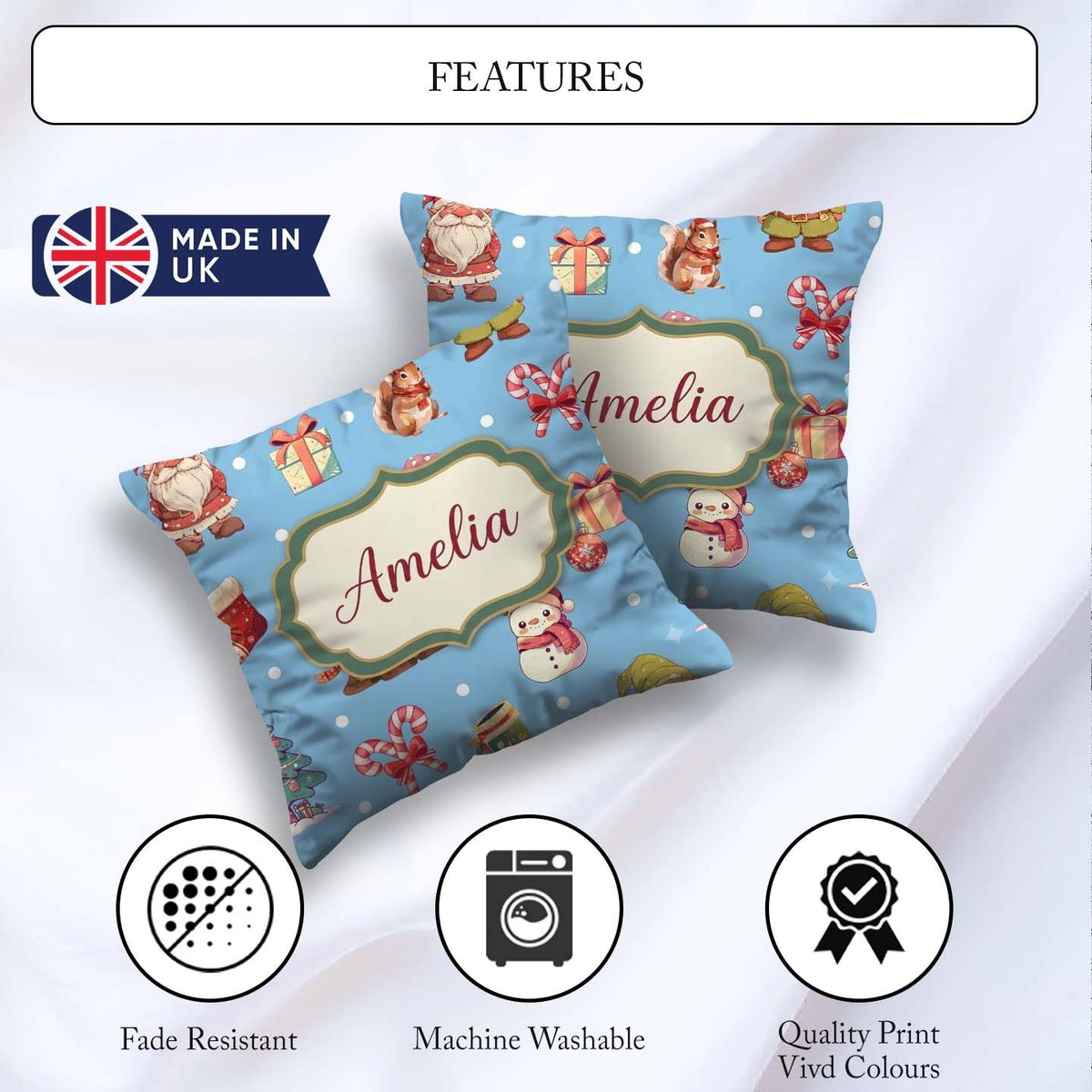 Custom Name Cute Gnome Reindeer Snowman Blue Background Seamless Square Filled Cushion Throw Pillow Sofa Bed Home Decor Zip Washable UK Made