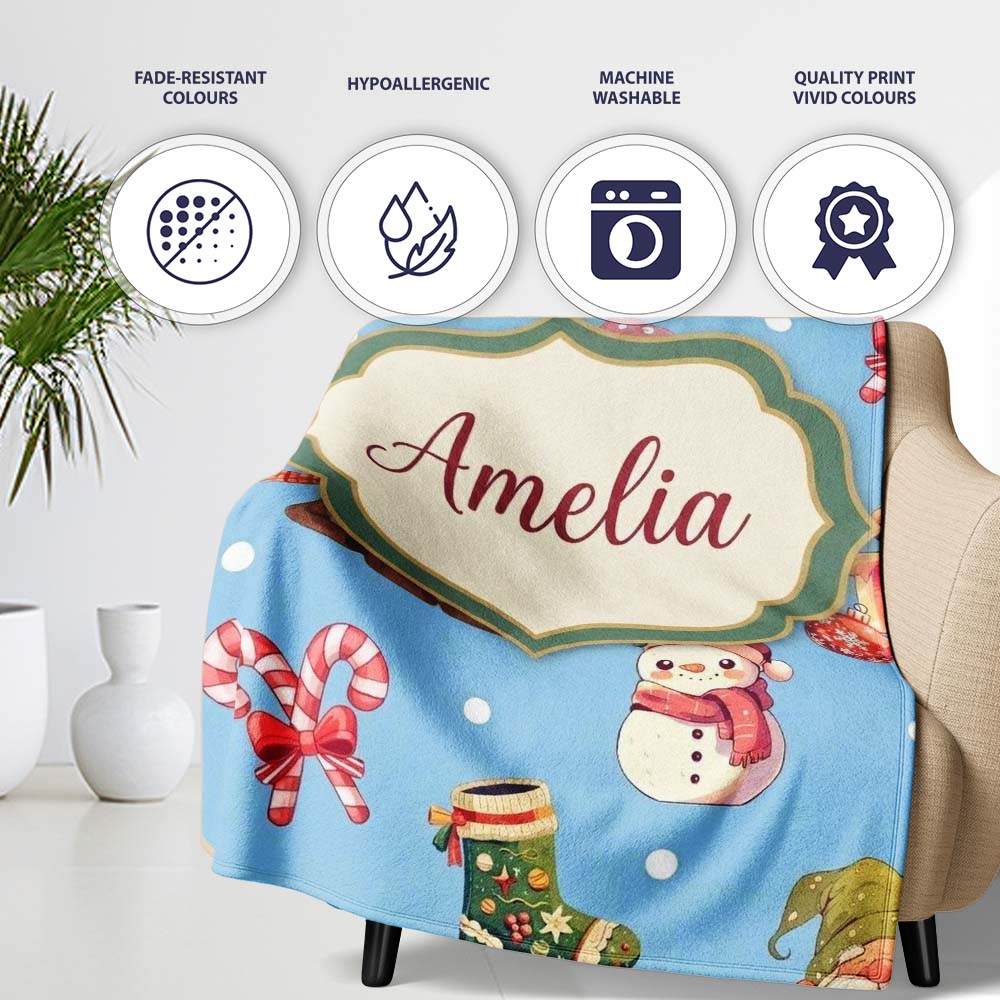Cute Christmas Gnome Reindeer Snowman Gift Blue Background Seamless  Personalised Custom Name Super Soft Fleece Blanket Bed Sofa Throw