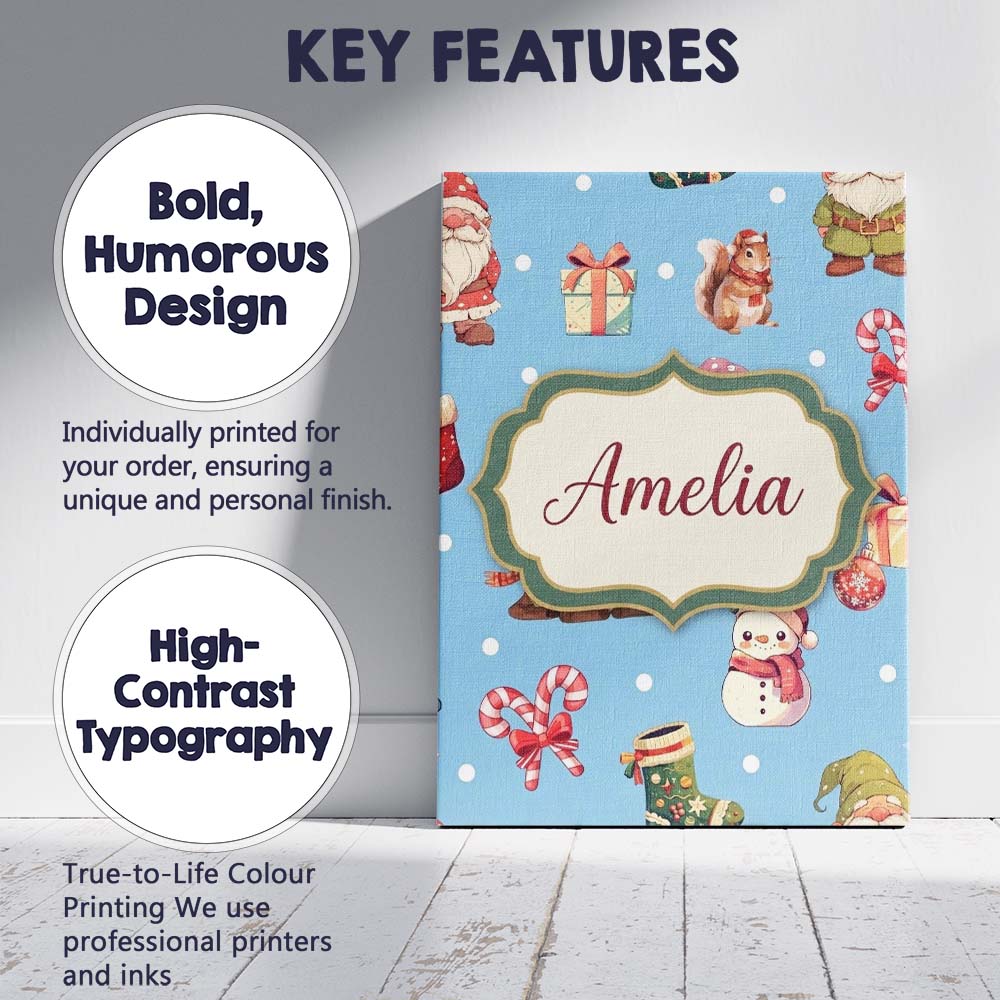 Personalised Name Cute Christmas Gnome Custom  Modern Room Accent Elegant Feature Canvas Wall Art Print Decor Picture Ready to Hang