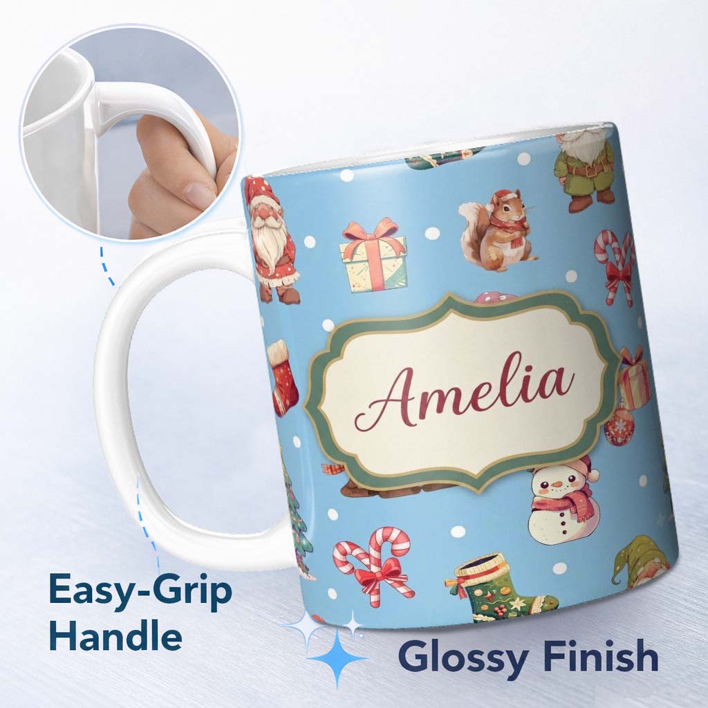 Personalized Custom Name Cute Christmas Gnome Reindeer Snowman Gift Blue Background Seamless 11oz Ceramic Coffee Tea Mug White Large Handle