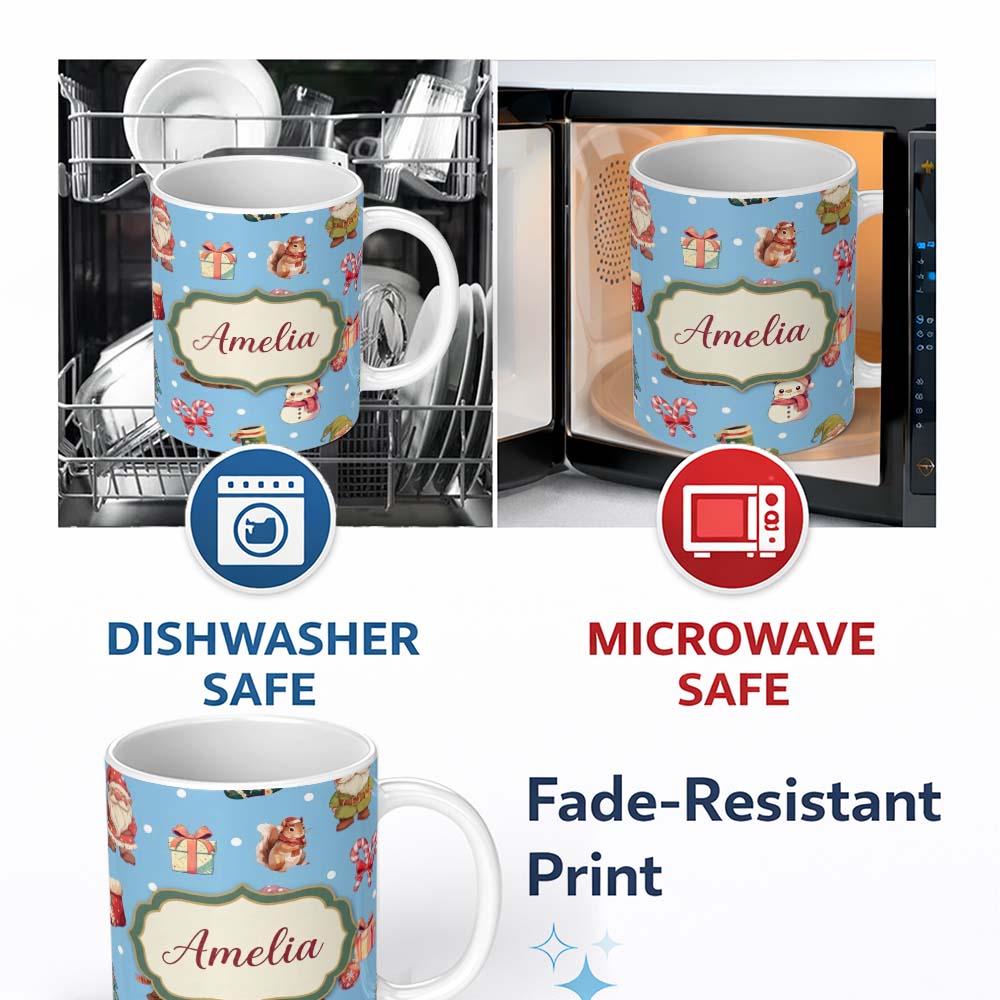 Personalized Custom Name Cute Christmas Gnome Reindeer Snowman Gift Blue Background Seamless 11oz Ceramic Coffee Tea Mug White Large Handle