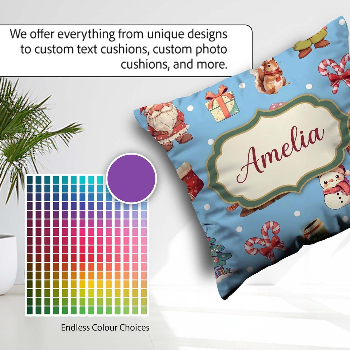 Custom Name Cute Gnome Reindeer Snowman Blue Background Seamless Square Filled Cushion Throw Pillow Sofa Bed Home Decor Zip Washable UK Made