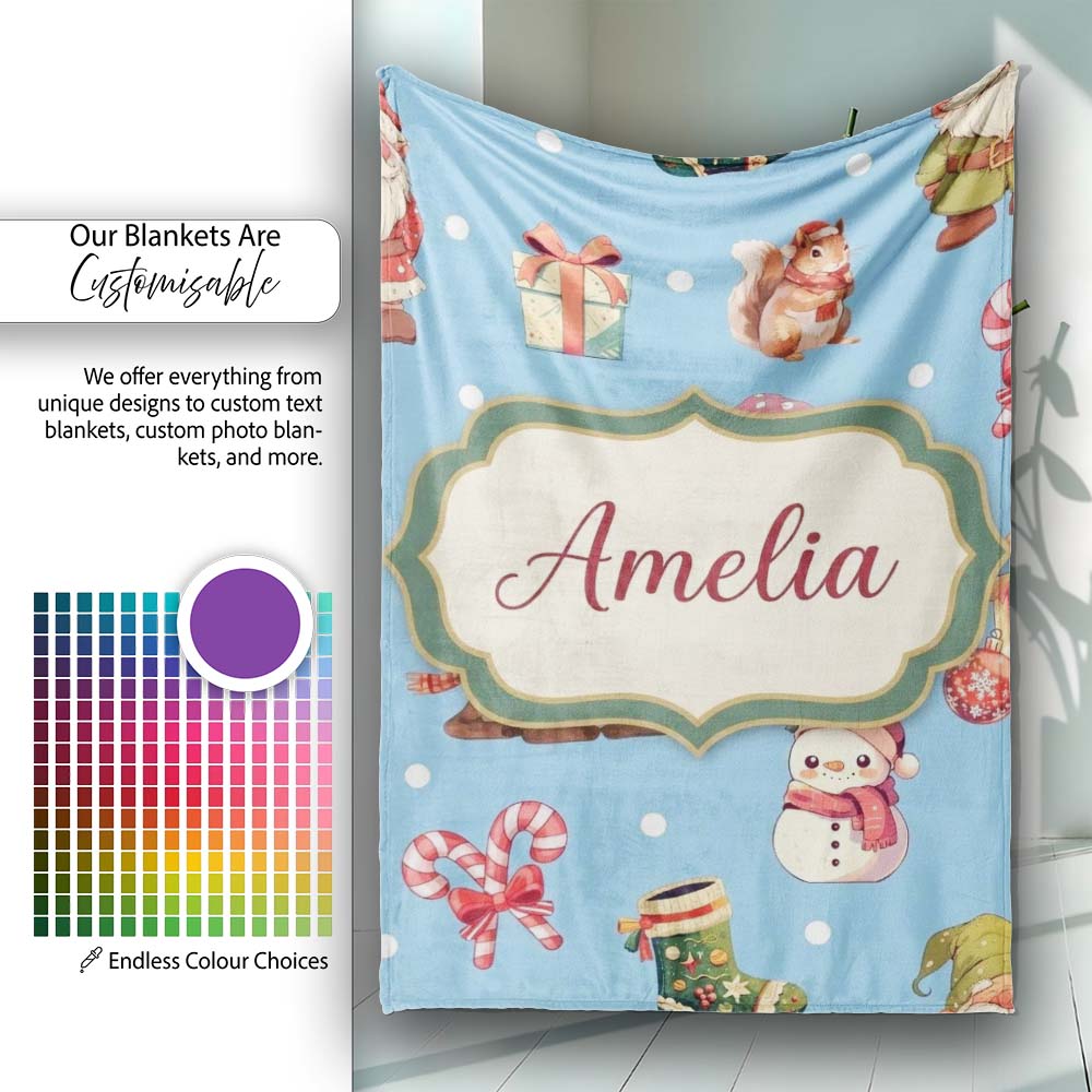 Cute Christmas Gnome Reindeer Snowman Gift Blue Background Seamless  Personalised Custom Name Super Soft Fleece Blanket Bed Sofa Throw