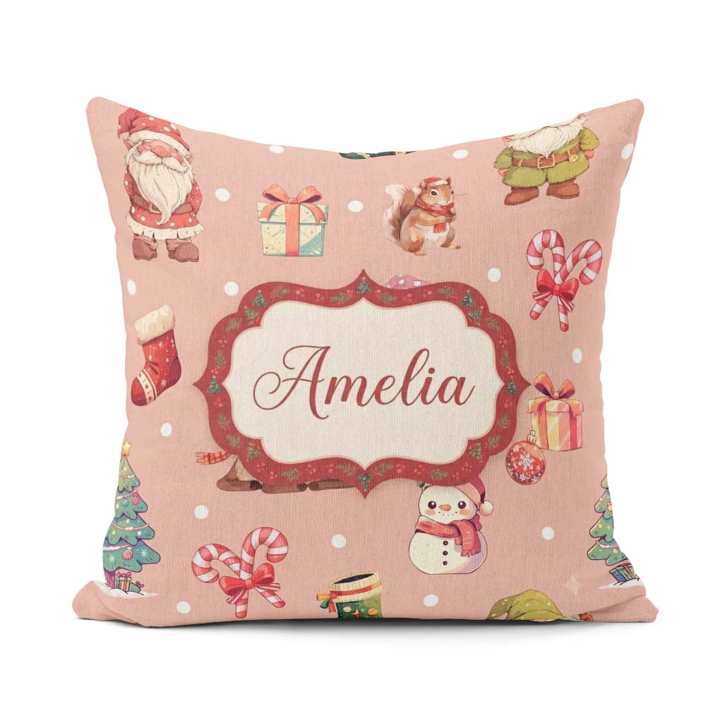 Custom Name Christmas Gnome Reindeer Snowman Peach Background Square Filled Cushion Throw Pillow Sofa Bed Home Decor Zip Washable UK Made