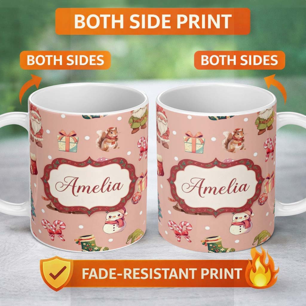 Personalized Custom Name Cute Christmas Gnome Reindeer Snowman Gift Peach Background 11oz Ceramic Coffee Tea Mug White Large Handle
