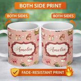 Personalized Custom Name Cute Christmas Gnome Reindeer Snowman Gift Peach Background 11oz Ceramic Coffee Tea Mug White Large Handle