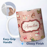 Personalized Custom Name Cute Christmas Gnome Reindeer Snowman Gift Peach Background 11oz Ceramic Coffee Tea Mug White Large Handle