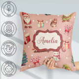 Custom Name Christmas Gnome Reindeer Snowman Peach Background Square Filled Cushion Throw Pillow Sofa Bed Home Decor Zip Washable UK Made
