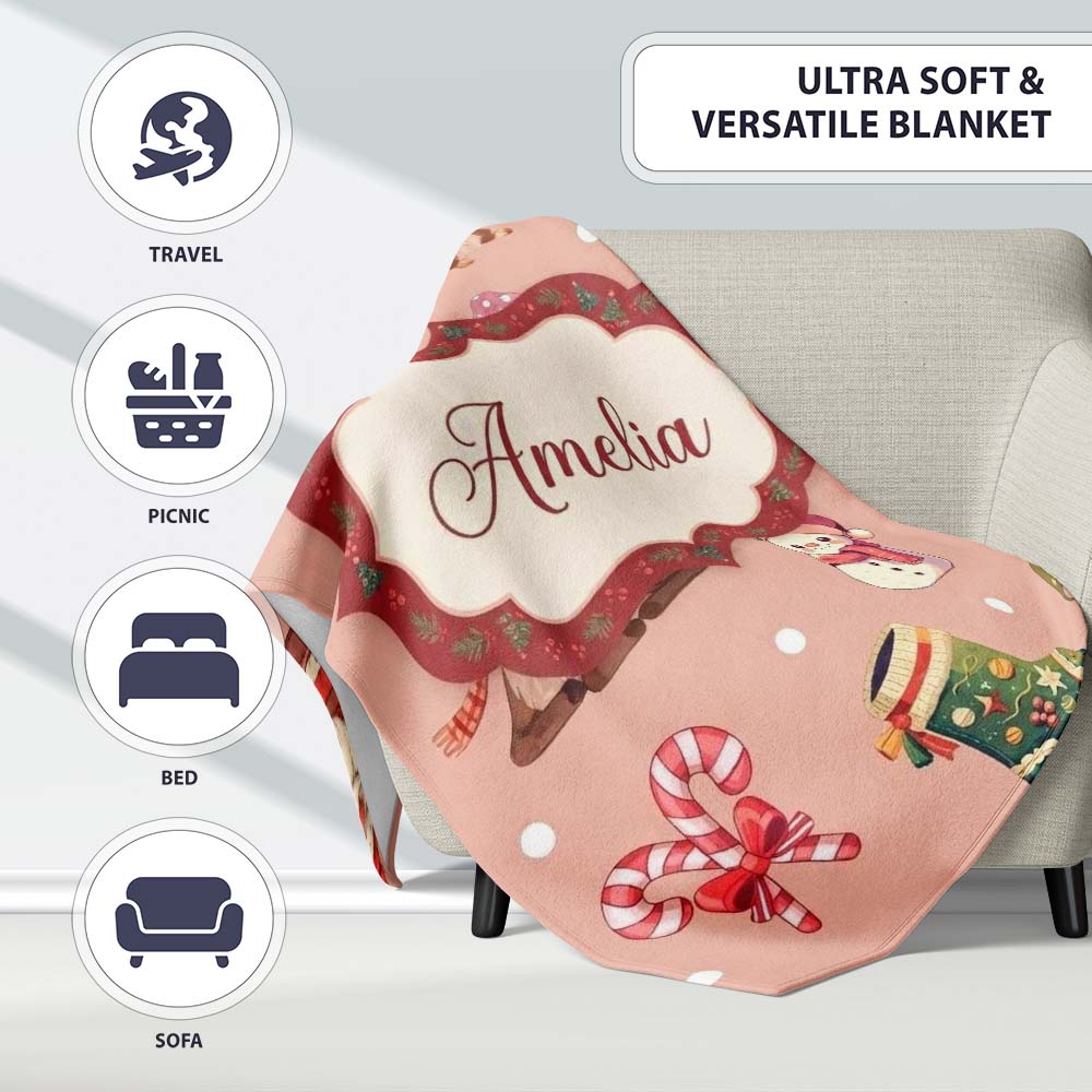 Cute Christmas Gnome Reindeer Snowman Gift Peach Background  Personalised Custom Name Super Soft Fleece Blanket Bed Sofa Throw