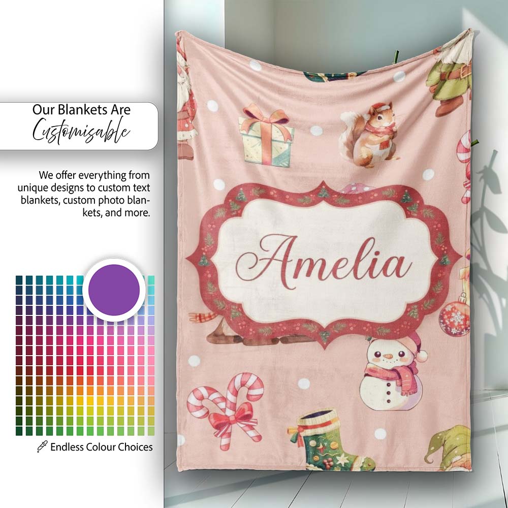 Cute Christmas Gnome Reindeer Snowman Gift Peach Background  Personalised Custom Name Super Soft Fleece Blanket Bed Sofa Throw