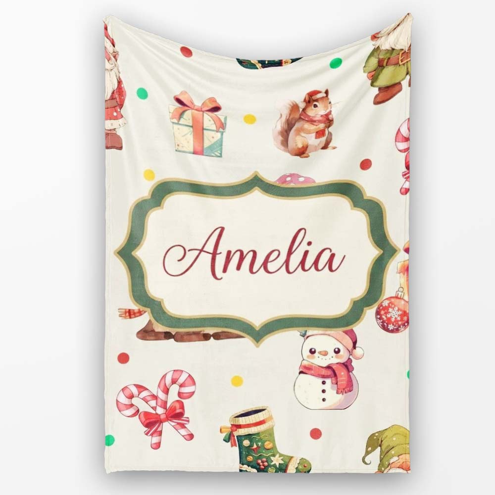 Cute Christmas Gnome Reindeer Snowman Gift Cream Background  Personalised Custom Name Super Soft Fleece Blanket Bed Sofa Throw