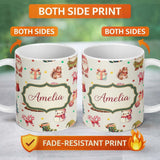 Personalized Custom Name Cute Christmas Gnome Reindeer Snowman Gift Cream Background 11oz Ceramic Coffee Tea Mug White Large Handle