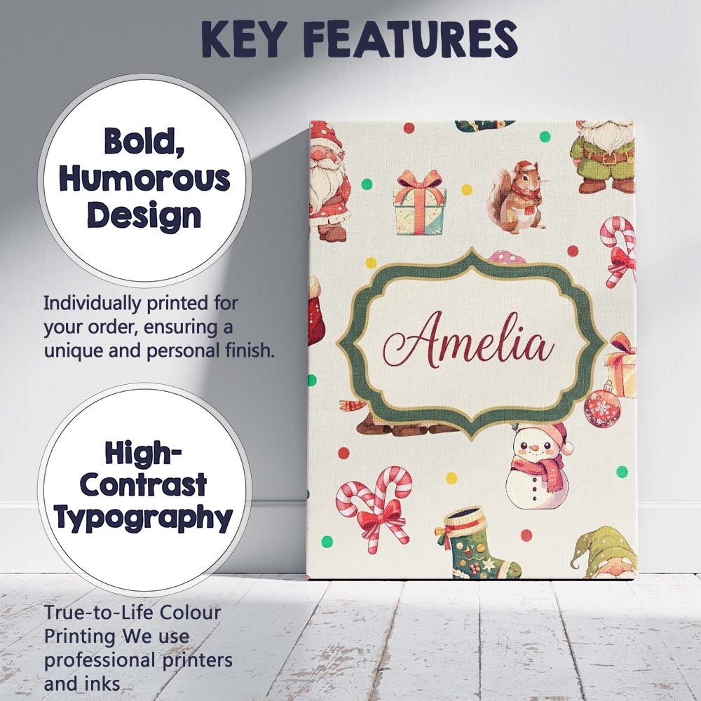 Personalised Name Cute Christmas Gnome Custom  Modern Room Accent Elegant Feature Canvas Wall Art Print Decor Picture Ready to Hang