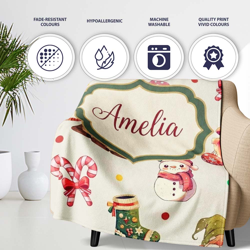 Cute Christmas Gnome Reindeer Snowman Gift Cream Background  Personalised Custom Name Super Soft Fleece Blanket Bed Sofa Throw