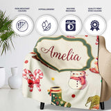 Cute Christmas Gnome Reindeer Snowman Gift Cream Background  Personalised Custom Name Super Soft Fleece Blanket Bed Sofa Throw