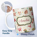 Personalized Custom Name Cute Christmas Gnome Reindeer Snowman Gift Cream Background 11oz Ceramic Coffee Tea Mug White Large Handle