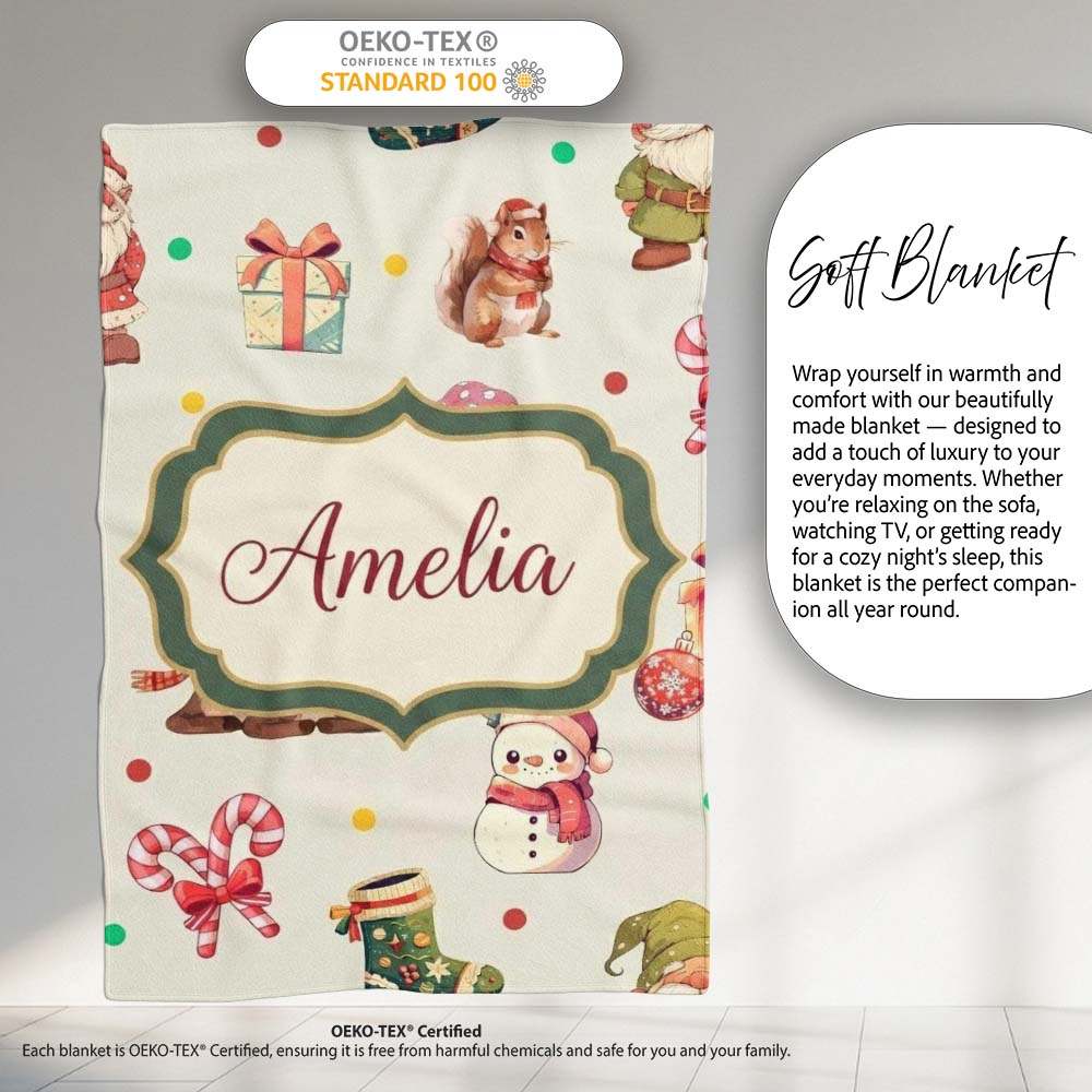 Cute Christmas Gnome Reindeer Snowman Gift Cream Background  Personalised Custom Name Super Soft Fleece Blanket Bed Sofa Throw