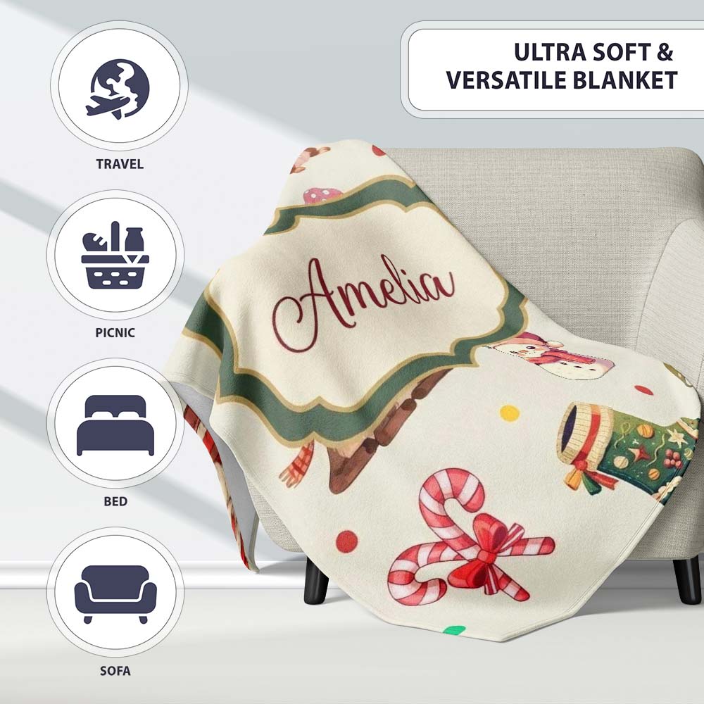Cute Christmas Gnome Reindeer Snowman Gift Cream Background  Personalised Custom Name Super Soft Fleece Blanket Bed Sofa Throw