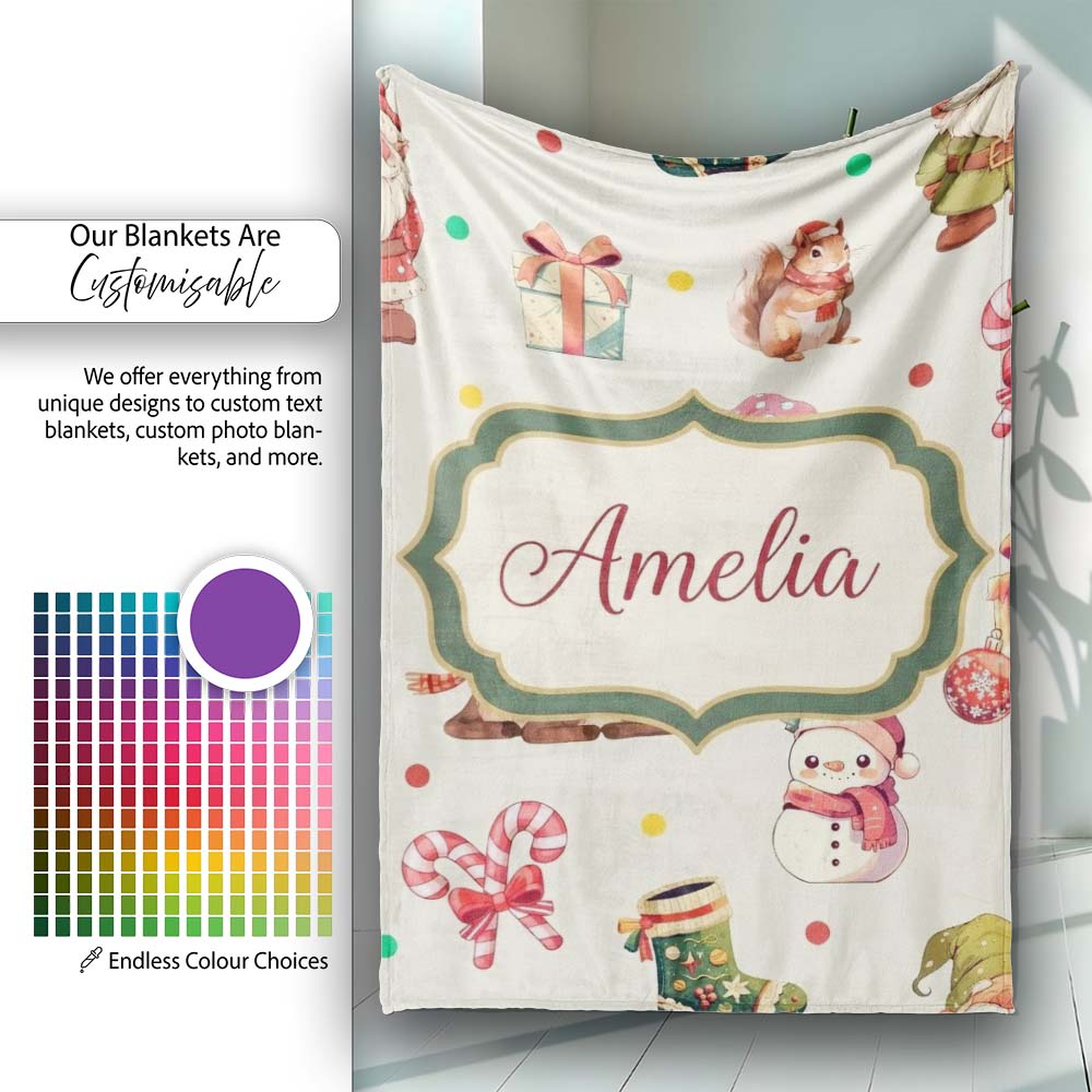 Cute Christmas Gnome Reindeer Snowman Gift Cream Background  Personalised Custom Name Super Soft Fleece Blanket Bed Sofa Throw