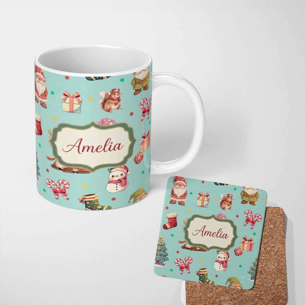Personalized Custom Name Cute Christmas Gnome Reindeer Snowman Gift Teal Background Seamless 11oz Ceramic Coffee Tea Mug White Large Handle