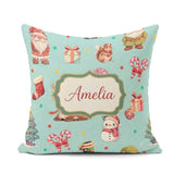Custom Name Cute Gnome Reindeer Snowman Teal Background Seamless Square Filled Cushion Throw Pillow Sofa Bed Home Decor Zip Washable UK Made