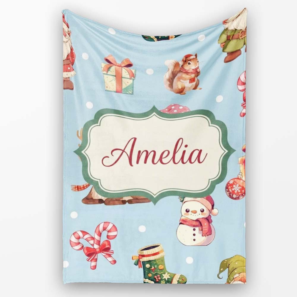 Cute Christmas Gnome Reindeer Snowman Gift Aqua Background Seamless  Personalised Custom Name Super Soft Fleece Blanket Bed Sofa Throw