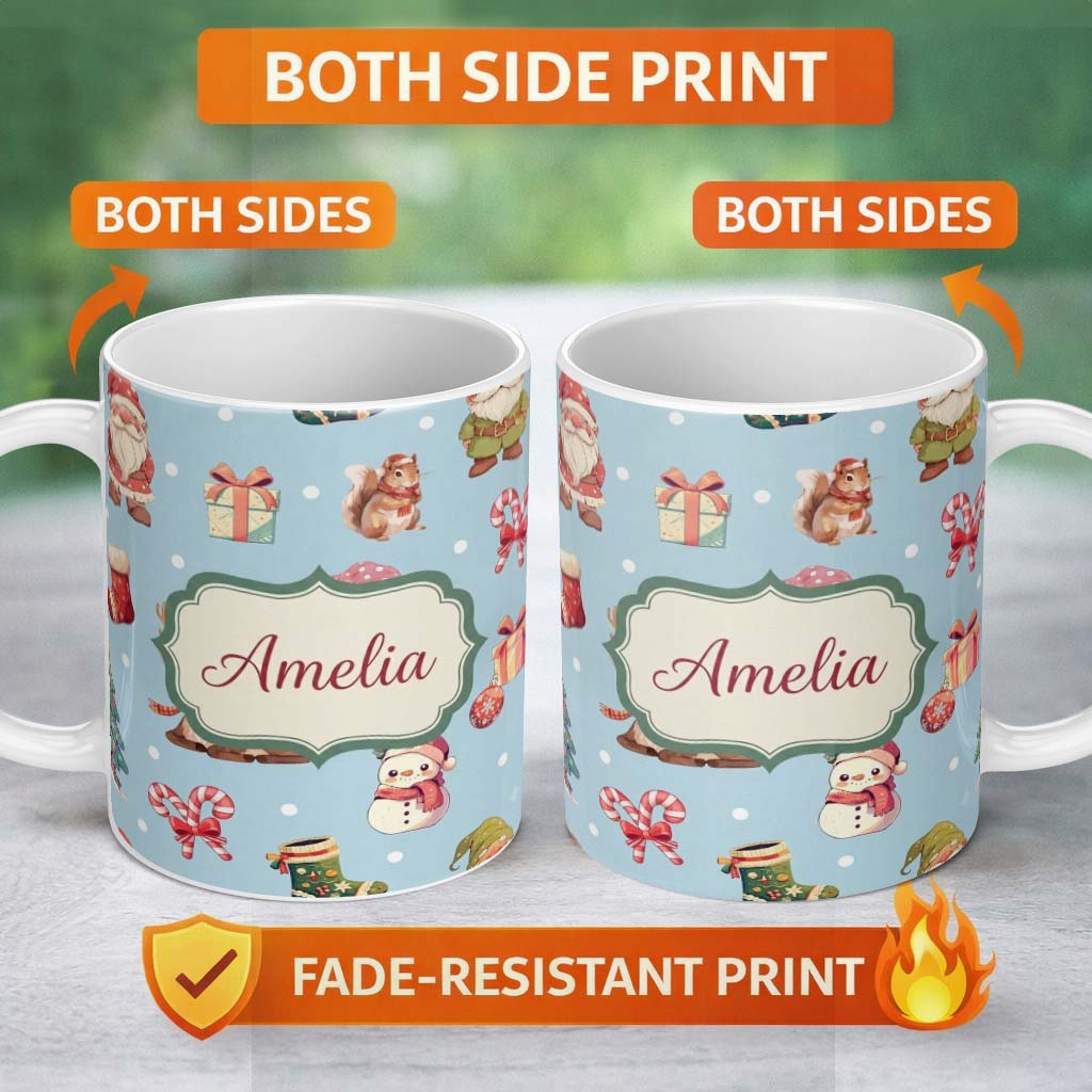 Personalized Custom Name Cute Christmas Gnome Reindeer Snowman Gift Aqua Background Seamless 11oz Ceramic Coffee Tea Mug White Large Handle