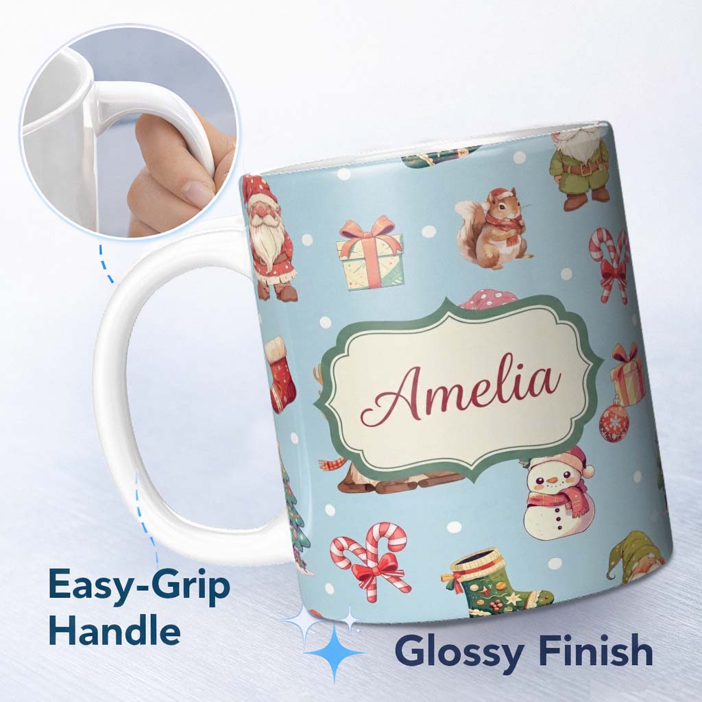 Personalized Custom Name Cute Christmas Gnome Reindeer Snowman Gift Aqua Background Seamless 11oz Ceramic Coffee Tea Mug White Large Handle