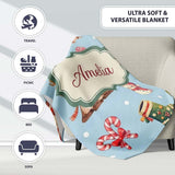 Cute Christmas Gnome Reindeer Snowman Gift Aqua Background Seamless  Personalised Custom Name Super Soft Fleece Blanket Bed Sofa Throw