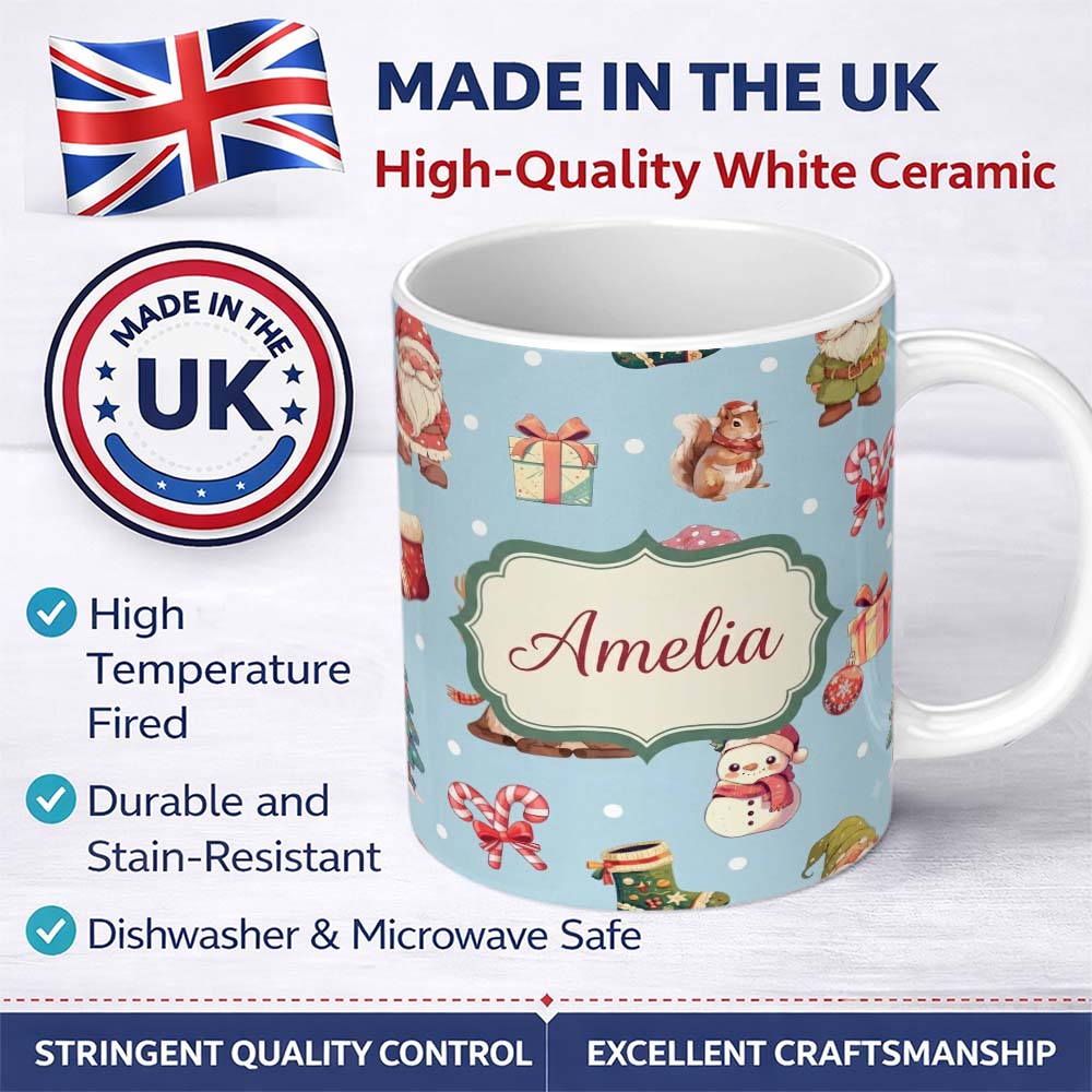 Personalized Custom Name Cute Christmas Gnome Reindeer Snowman Gift Aqua Background Seamless 11oz Ceramic Coffee Tea Mug White Large Handle