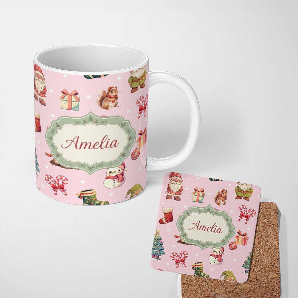 Personalized Custom Name Cute Christmas Gnome Reindeer Snowman Gift Pink Background Seamless 11oz Ceramic Coffee Tea Mug White Large Handle