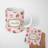 Personalized Custom Name Cute Christmas Gnome Reindeer Snowman Gift Pink Background Seamless 11oz Ceramic Coffee Tea Mug White Large Handle