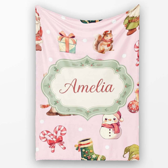 Cute Christmas Gnome Reindeer Snowman Gift Pink Background Seamless  Personalised Custom Name Super Soft Fleece Blanket Bed Sofa Throw