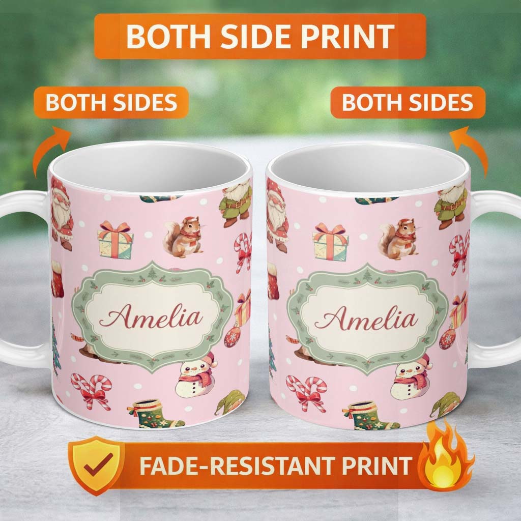 Personalized Custom Name Cute Christmas Gnome Reindeer Snowman Gift Pink Background Seamless 11oz Ceramic Coffee Tea Mug White Large Handle