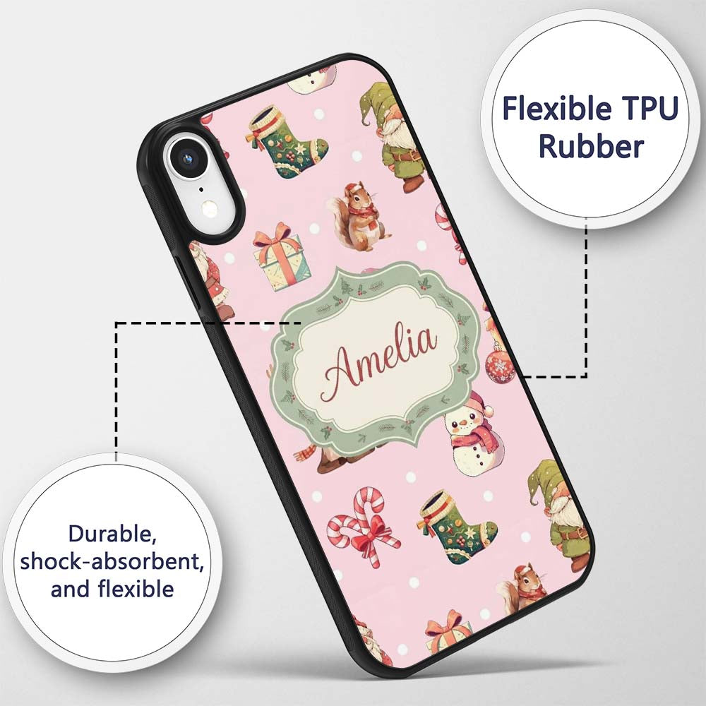Cute Christmas Gnome Reindeer Snowman Gift Pink Custom Name Protective Phone Case Mobile Cover Durable Everyday Smartphone Shock Resistant