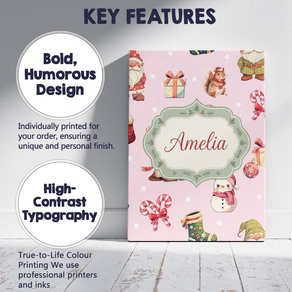 Personalised Name Cute Christmas Gnome Custom  Modern Room Accent Elegant Feature Canvas Wall Art Print Decor Picture Ready to Hang