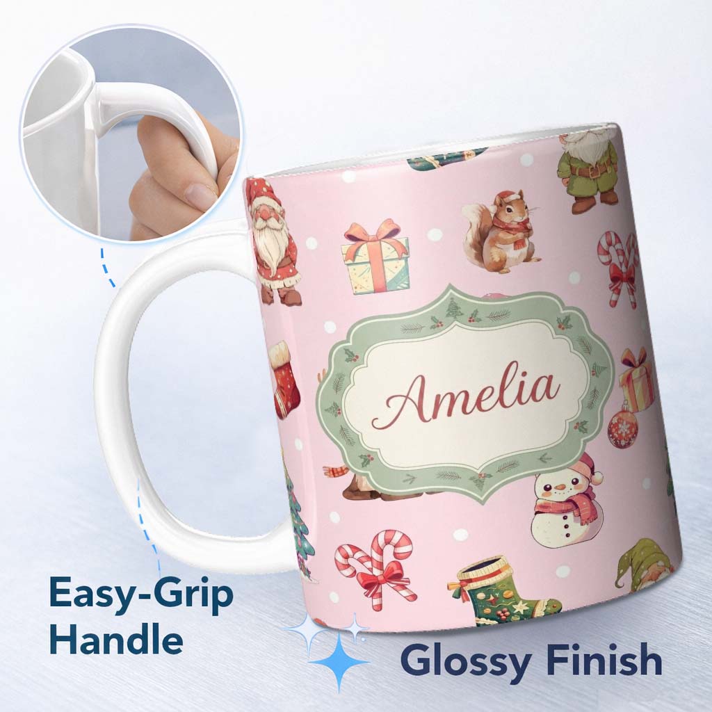 Personalized Custom Name Cute Christmas Gnome Reindeer Snowman Gift Pink Background Seamless 11oz Ceramic Coffee Tea Mug White Large Handle