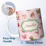 Personalized Custom Name Cute Christmas Gnome Reindeer Snowman Gift Pink Background Seamless 11oz Ceramic Coffee Tea Mug White Large Handle