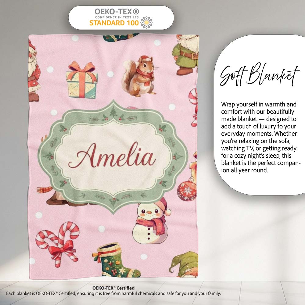 Cute Christmas Gnome Reindeer Snowman Gift Pink Background Seamless  Personalised Custom Name Super Soft Fleece Blanket Bed Sofa Throw