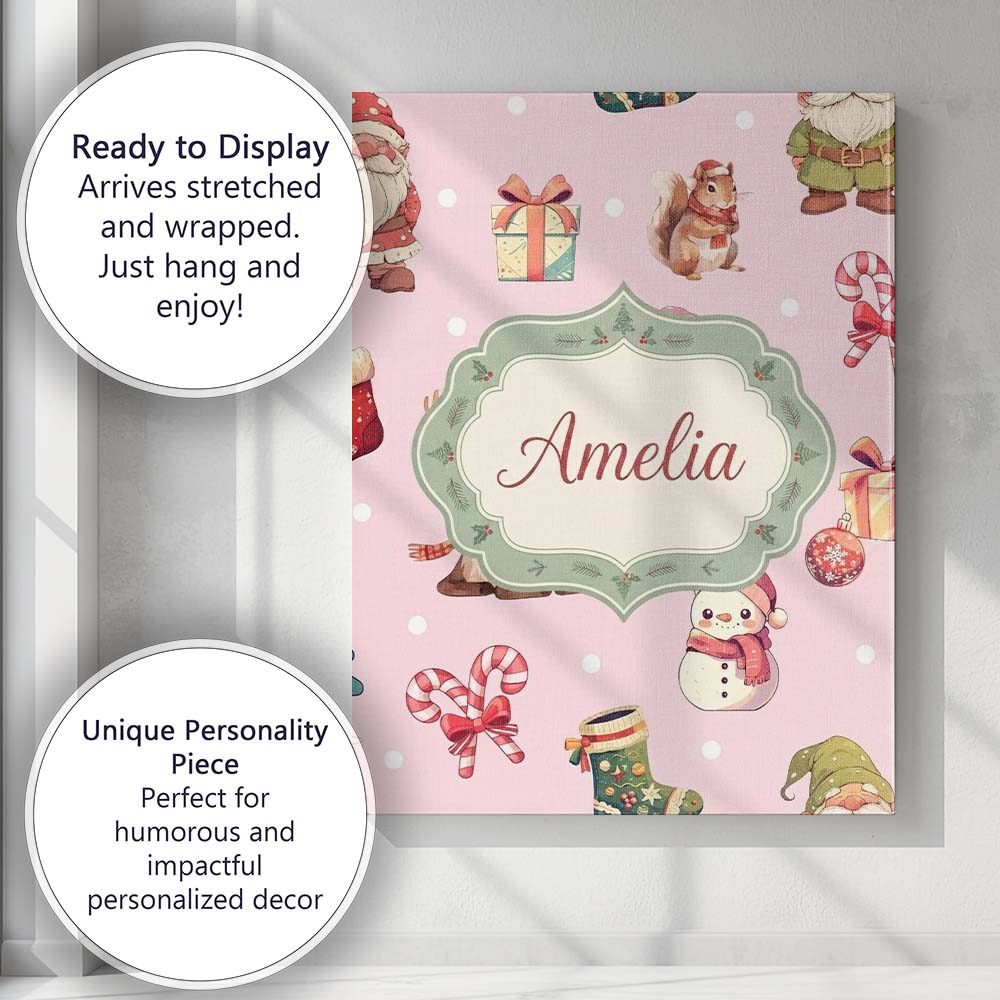 Personalised Name Cute Christmas Gnome Custom  Modern Room Accent Elegant Feature Canvas Wall Art Print Decor Picture Ready to Hang