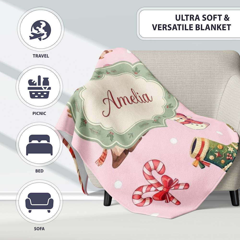 Cute Christmas Gnome Reindeer Snowman Gift Pink Background Seamless  Personalised Custom Name Super Soft Fleece Blanket Bed Sofa Throw