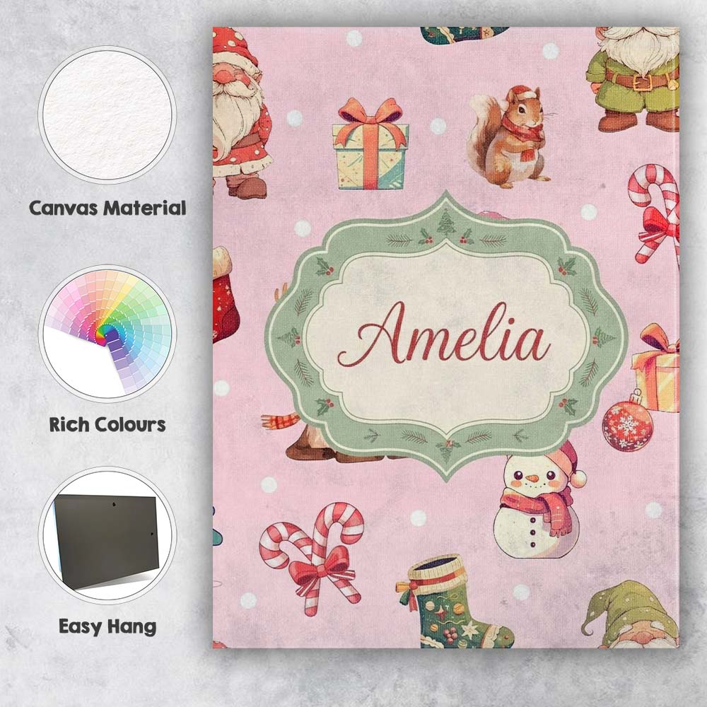 Personalised Name Cute Christmas Gnome Custom  Modern Room Accent Elegant Feature Canvas Wall Art Print Decor Picture Ready to Hang