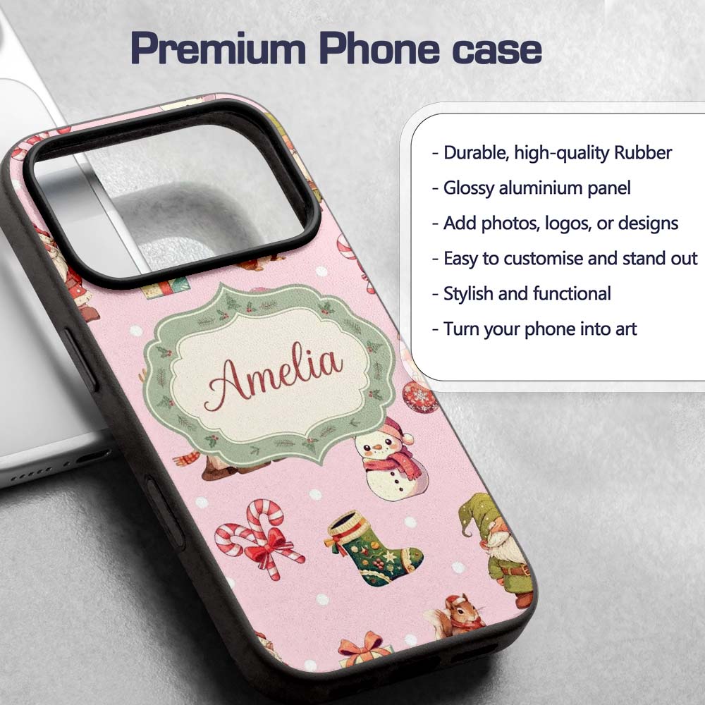 Cute Christmas Gnome Reindeer Snowman Gift Pink Custom Name Protective Phone Case Mobile Cover Durable Everyday Smartphone Shock Resistant