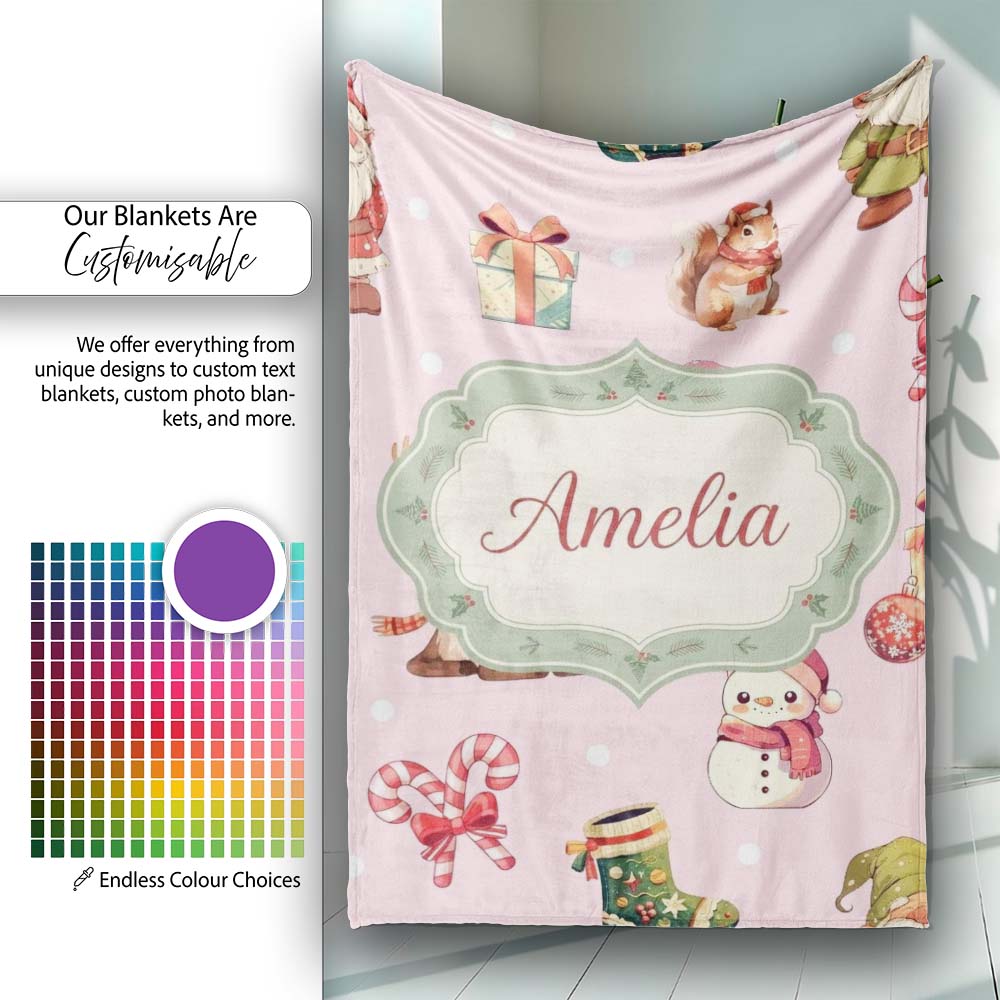 Cute Christmas Gnome Reindeer Snowman Gift Pink Background Seamless  Personalised Custom Name Super Soft Fleece Blanket Bed Sofa Throw