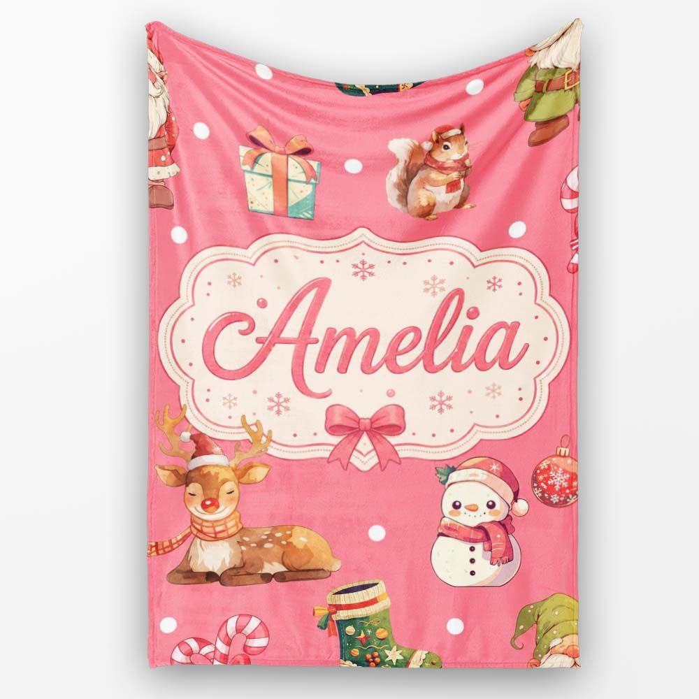 Cute Christmas Gnome Reindeer Snowman Gift Coral Background  Personalised Custom Name Super Soft Fleece Blanket Bed Sofa Throw