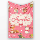 Cute Christmas Gnome Reindeer Snowman Gift Coral Background  Personalised Custom Name Super Soft Fleece Blanket Bed Sofa Throw